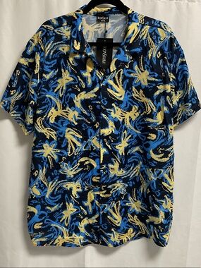 ICONSWIM Blue & Yellow Abstract Floral Short-Sleeve Button-Down Shirt